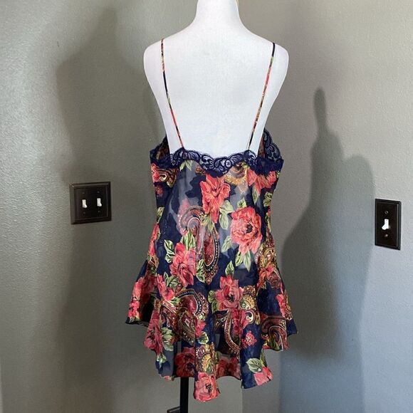 Vintage Gold Label Victorias Secret Floral Mini Nightie Blue Lace Rosette - Picture 9 of 12